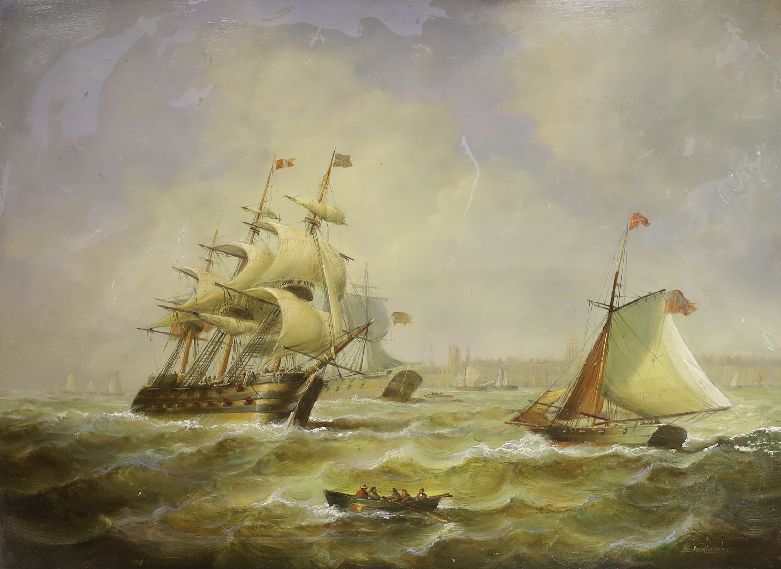 Jean Laurent (French, 1898-1988), oil on panel, Man O'War and sailing vessels in a choppy sea, signed, 44 x 60cm